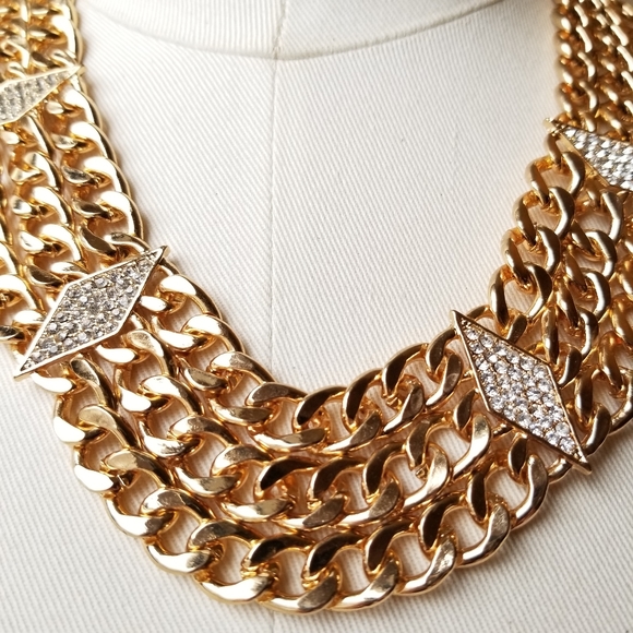 Gold Multi Chain Rhinestone Statement Necklace - Picture 2 of 8